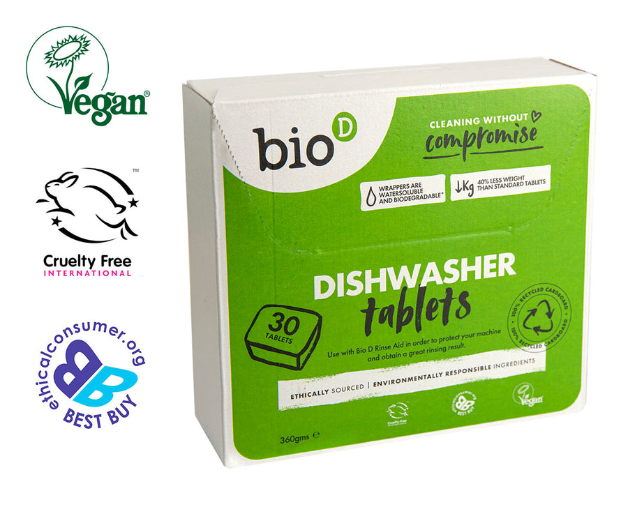 Bio D biodegradable dishwasher tablets on a white background next to the vegan