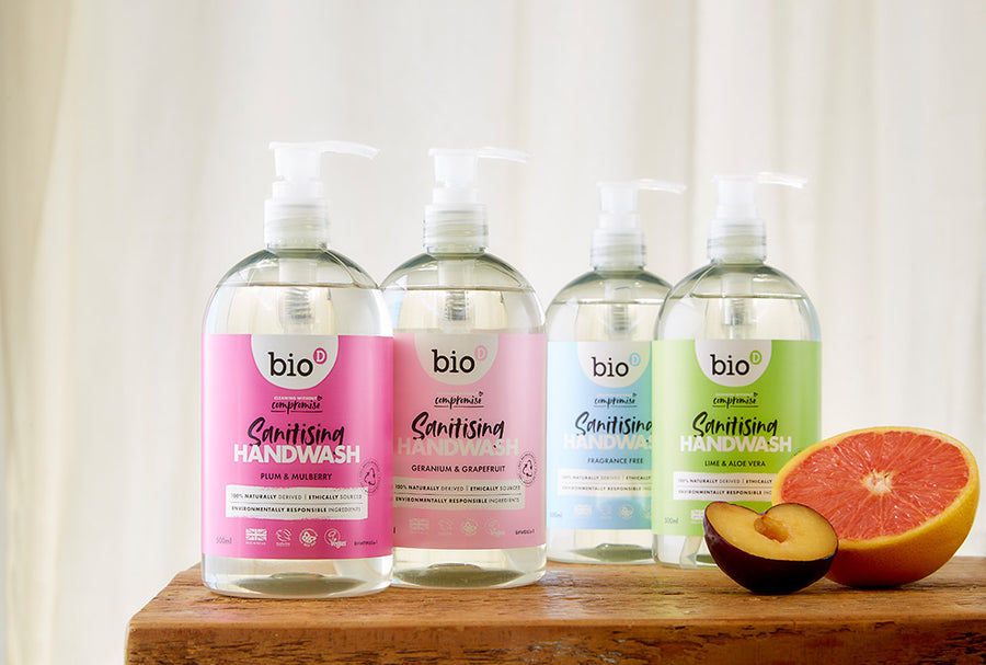 All Bi-=o-D sanitising hand washes with plum and grapefruit