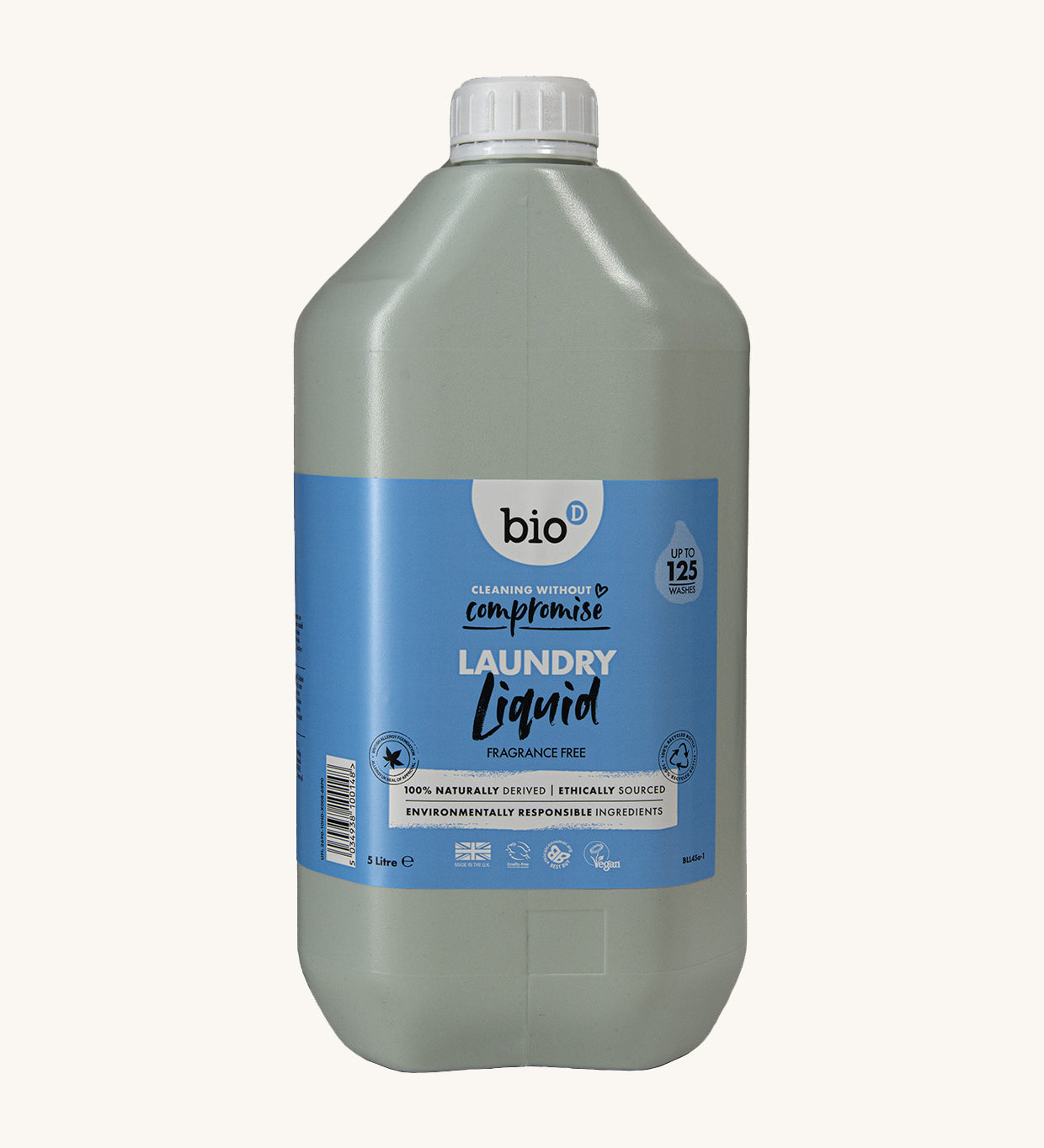 Bio-D Fragrance Free natural, vegan friendly Laundry Liquid in a 5 Llitre container bottle pictured on a plain white background