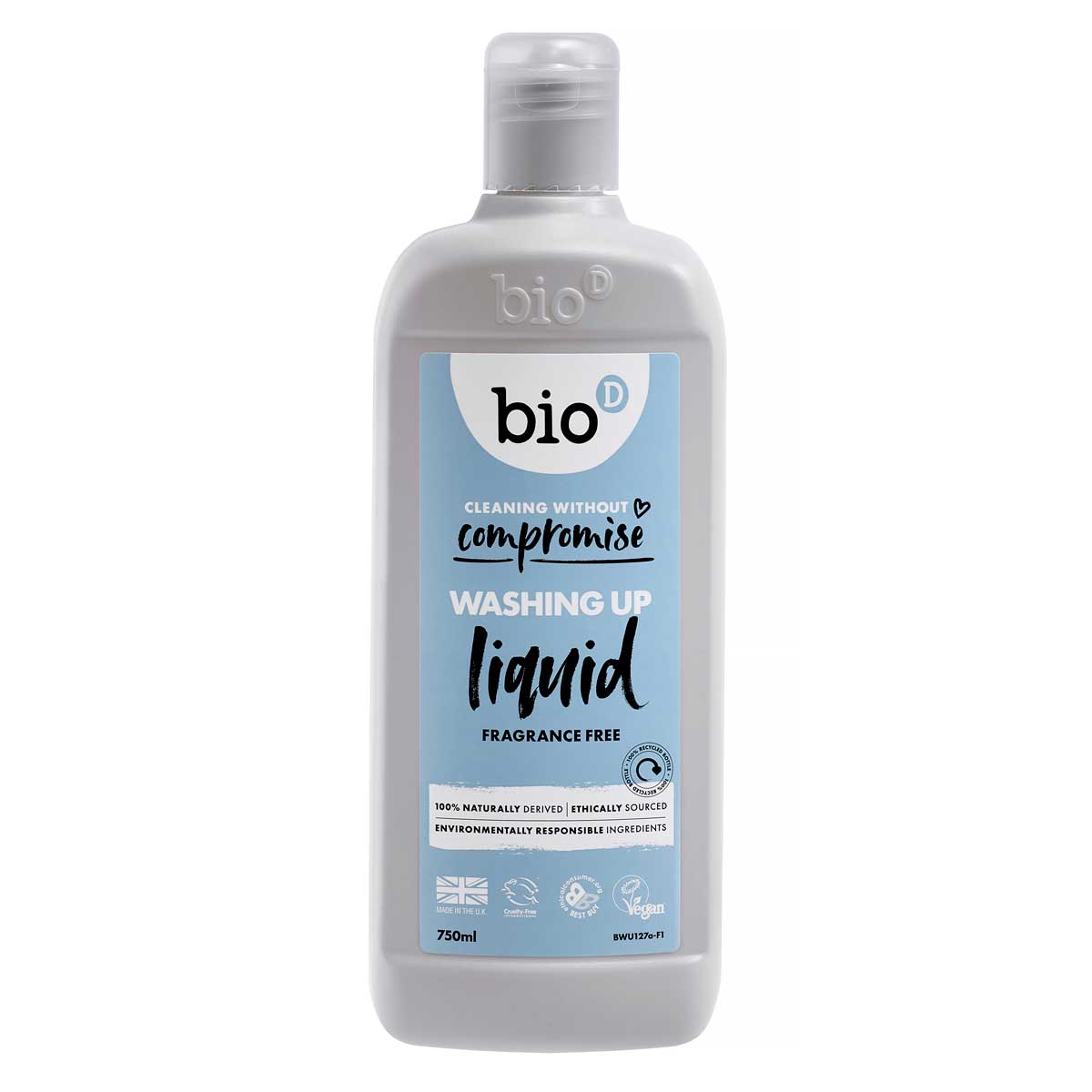 Bio-D Fragrance Free natural vegan friendly Washing Up Liquid in a 750ml bottle pictured on a plain white background