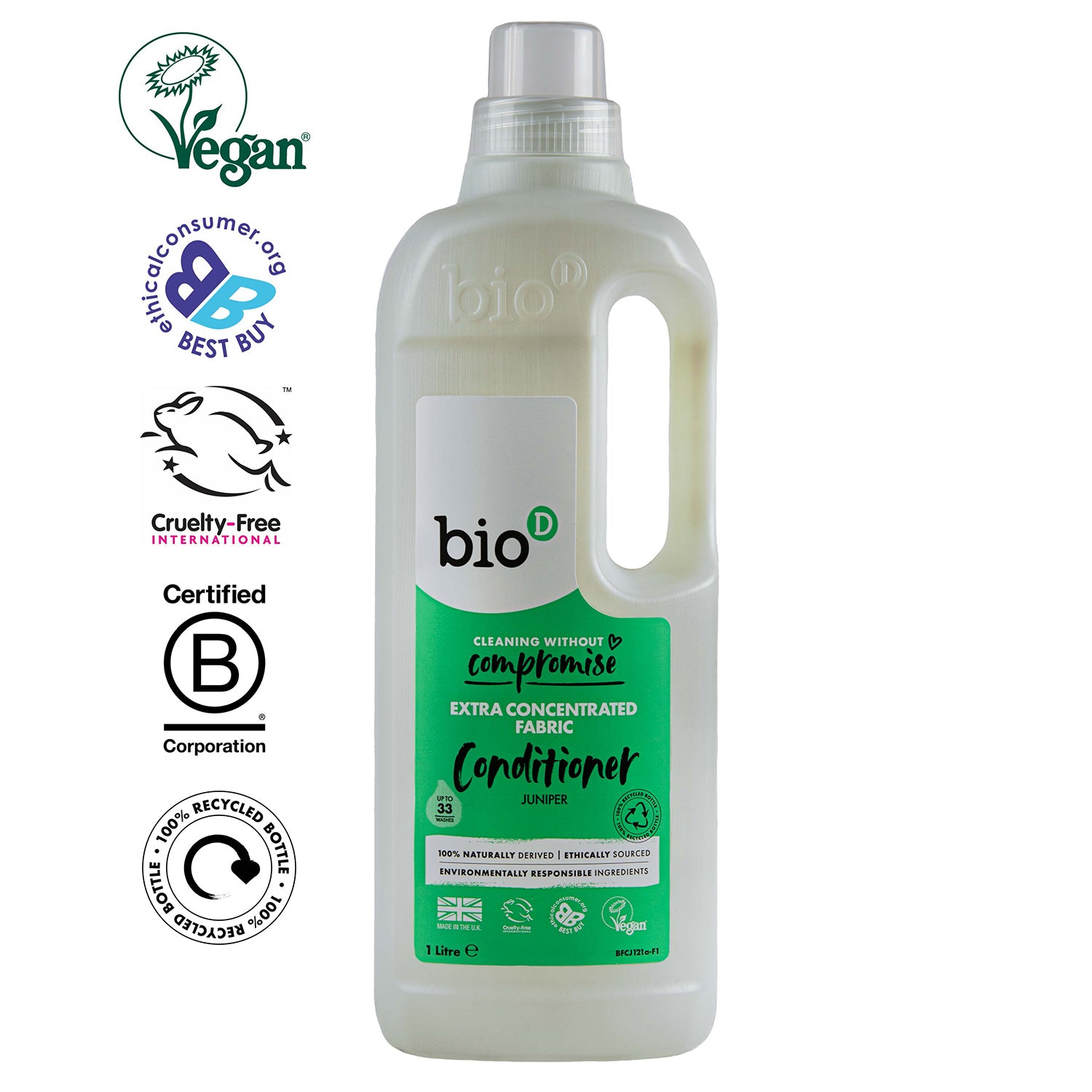 Bio D eco-friendly vegan juniper fabric conditioner bottle on a white background