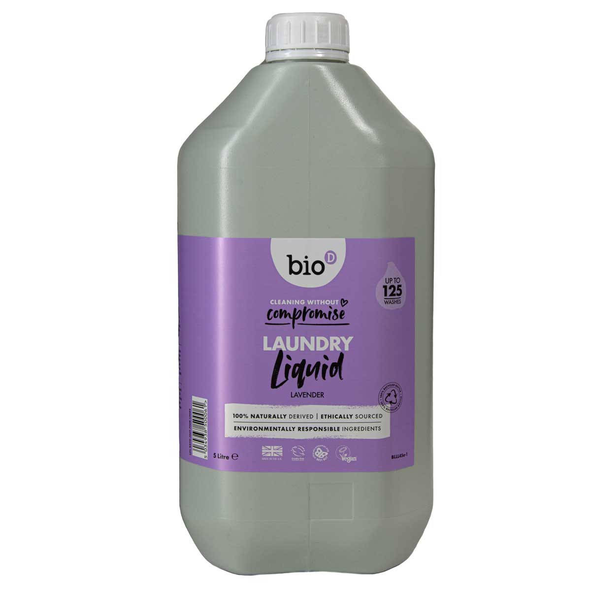 Bio-D Lavender fragrance natural, vegan friendly Laundry Liquid in a 5 litre refill bottle container pictured on a plain white background