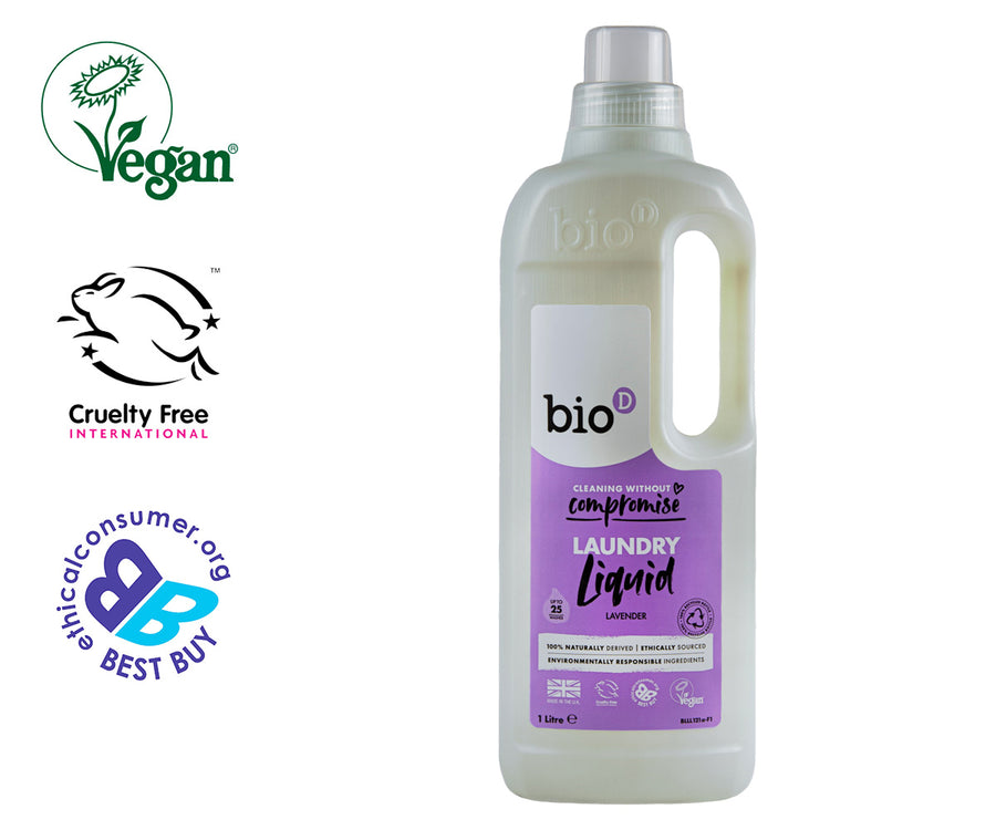 Bio D eco-friendly vegan lavender laundry liquid 1L bottle on a white background