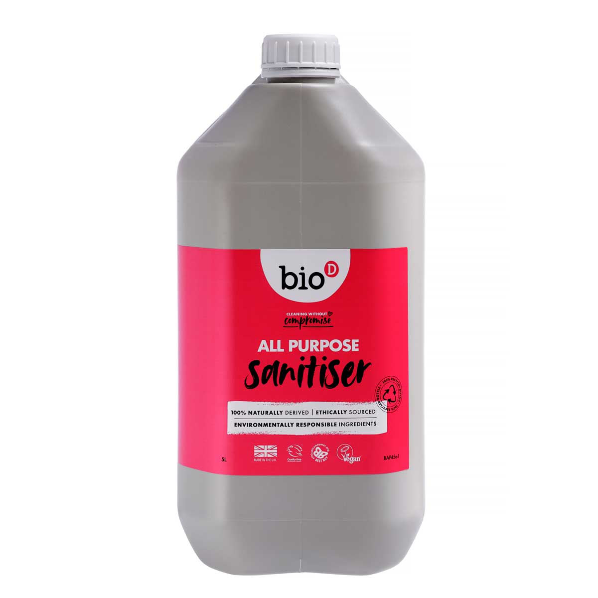 Bio-D ready to use All Purpose Sanitiser in a 5 litre refill bottle pictured on a plain coloured background