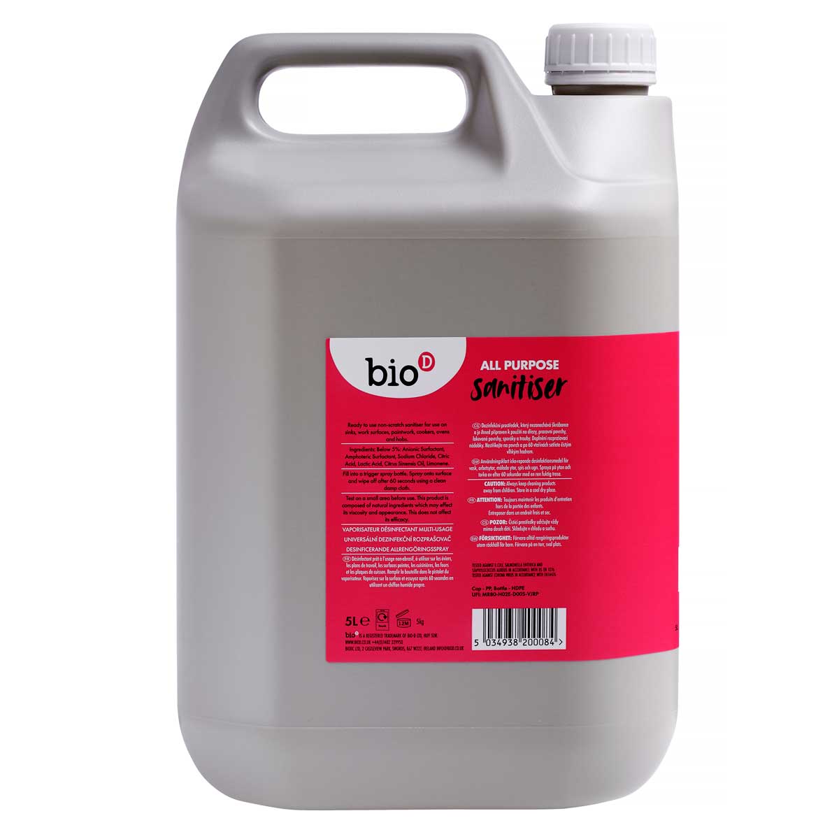 Bio-D ready to use All Purpose Sanitiser in a 5 litre refill bottle pictured on a plain coloured background