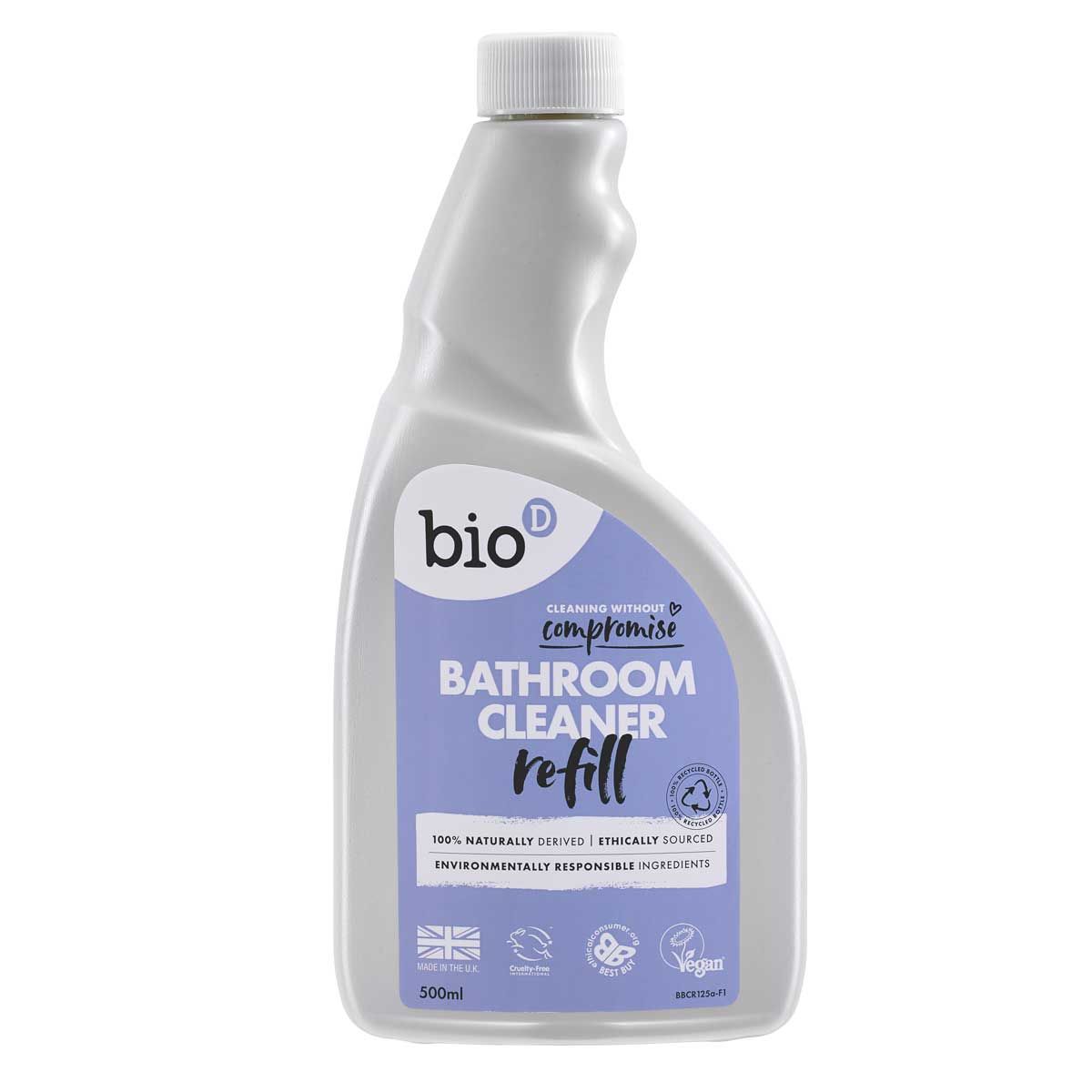 Bio-D eco friendly Natural Bathroom Cleaner in a 500ml Refill bottle pictured on a plain white background