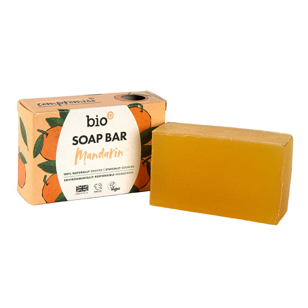 Bio-D natural Vegan mandarin soap bar on a white background next to its orange cardboard box