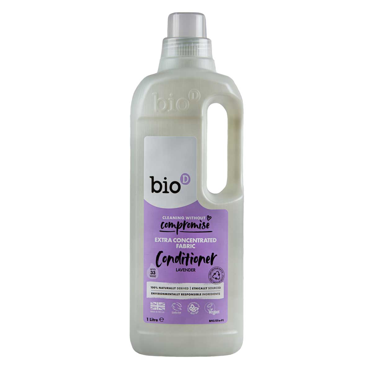 Bio-D natural vegan friendly Lavender scented Fabric Conditioner in a 1 litre bottle pictured on a plain white background