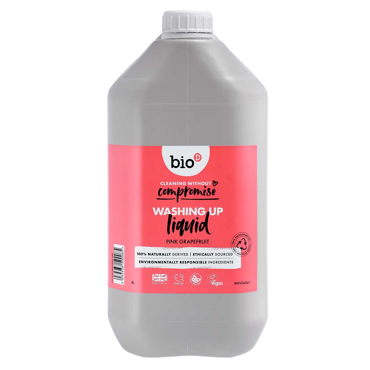 Bio-D Pink Grapefruit scented natural Washing Up Liquid in a 5 litre refill bottle pictured on a plain white background