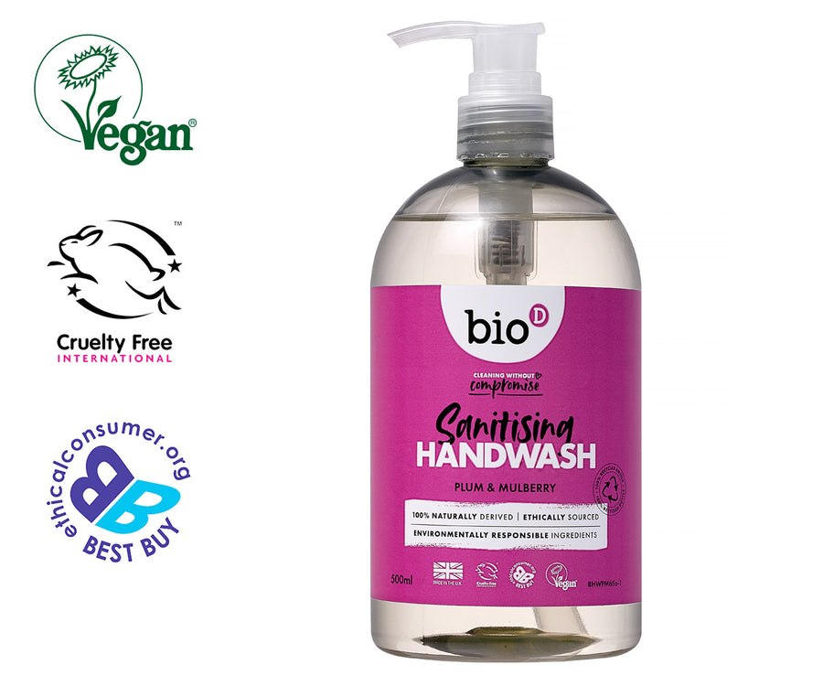 Bio D 500ml plum and mulberry sanitising hand wash bottle on a white background