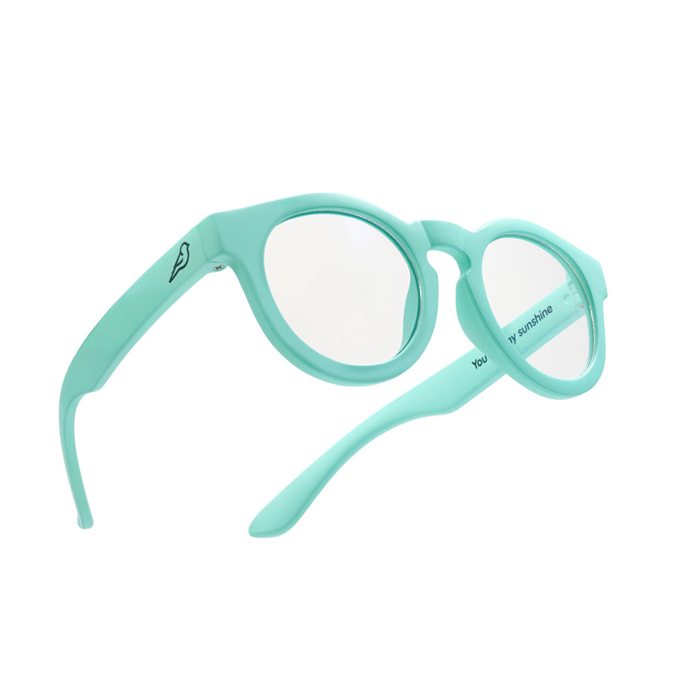 Bird eyewear childrens plant-based blue light screen glasses in the sky blue colour on a white background