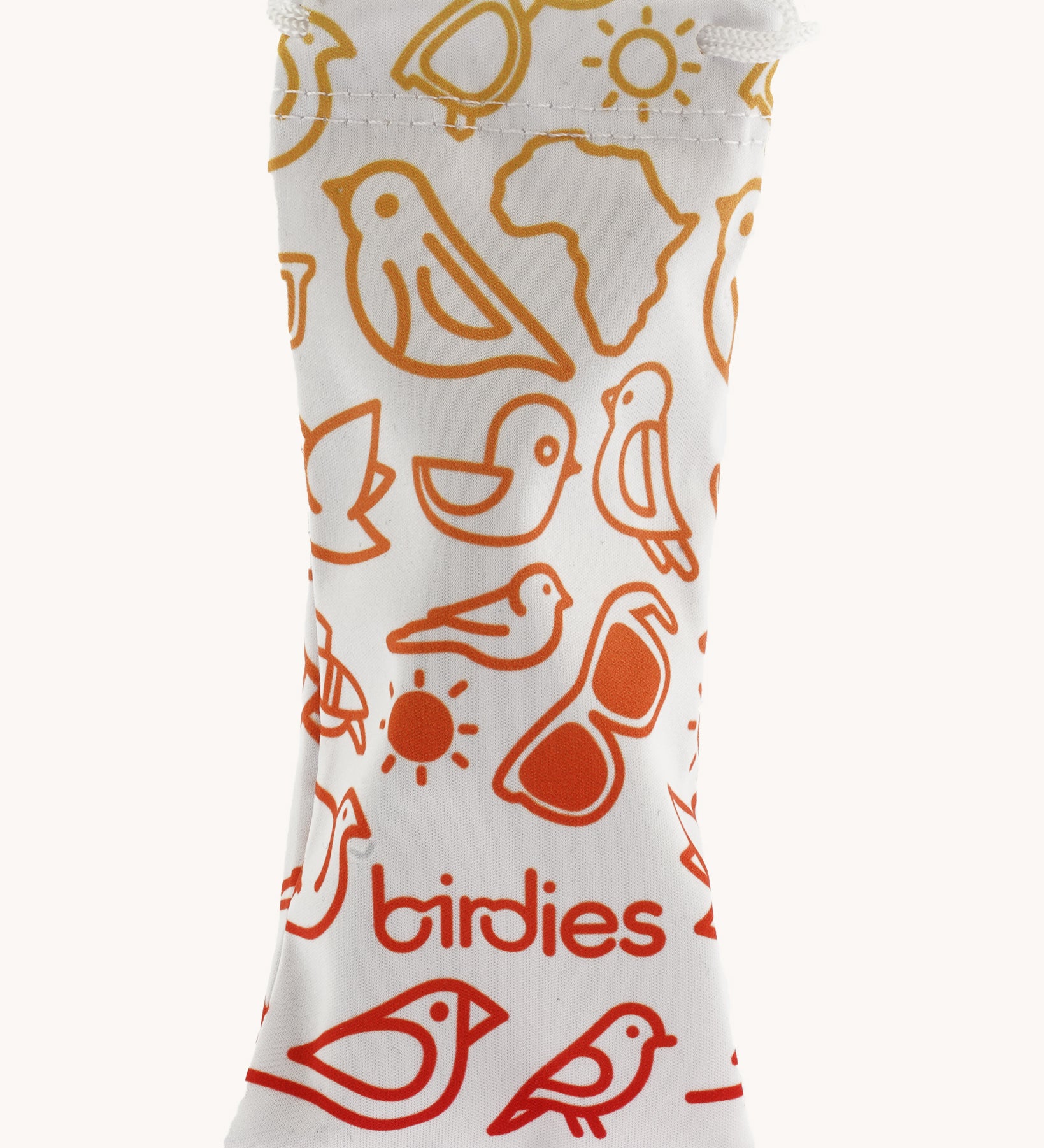 A Birds Eyewear Glasses Carrier Pouch in white with colourful yellow and orange birds with the Birdies Logo