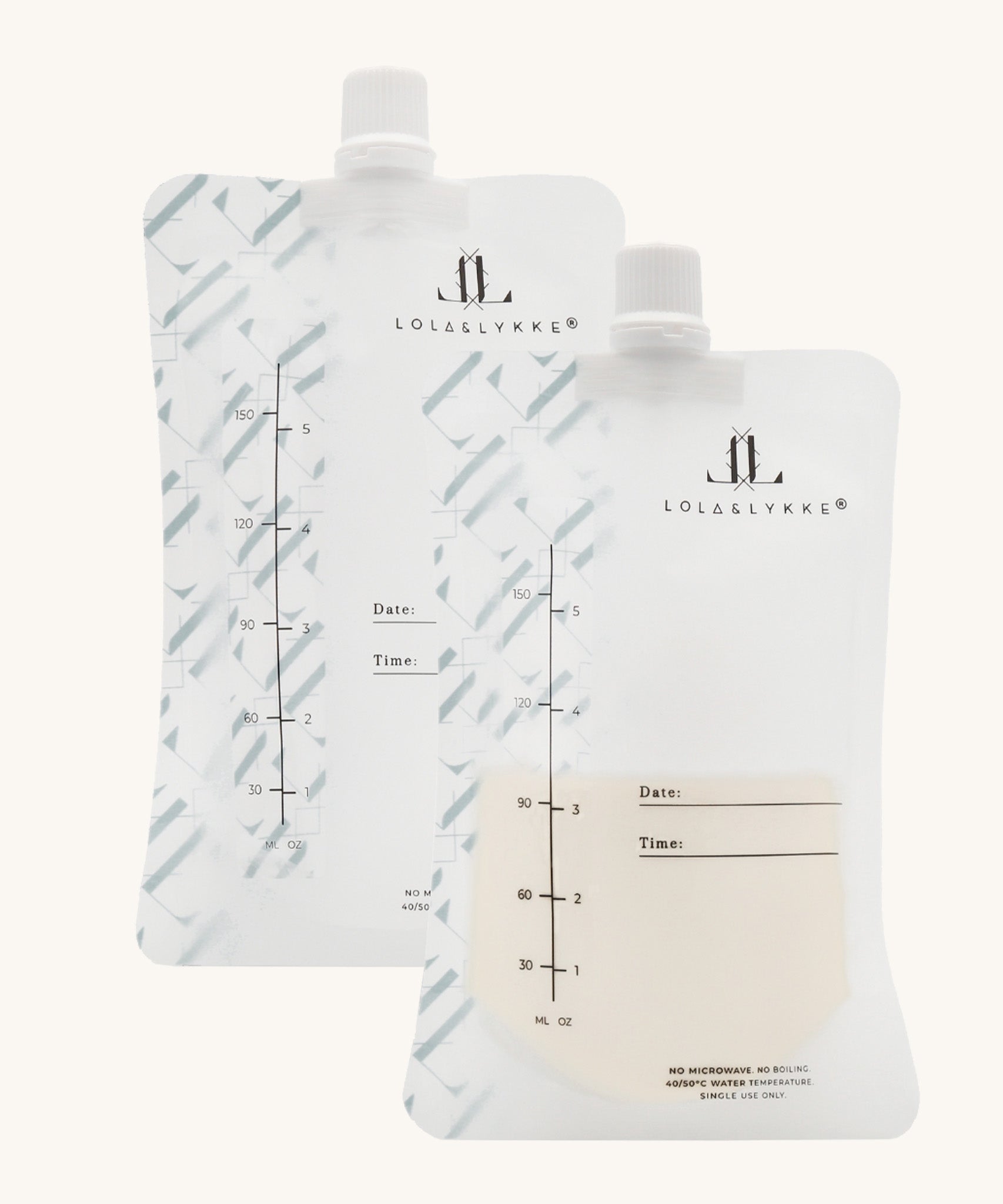 Lola & Lykke Breast Milk Storage Bags with date and time markers and ML. OZ. indicators