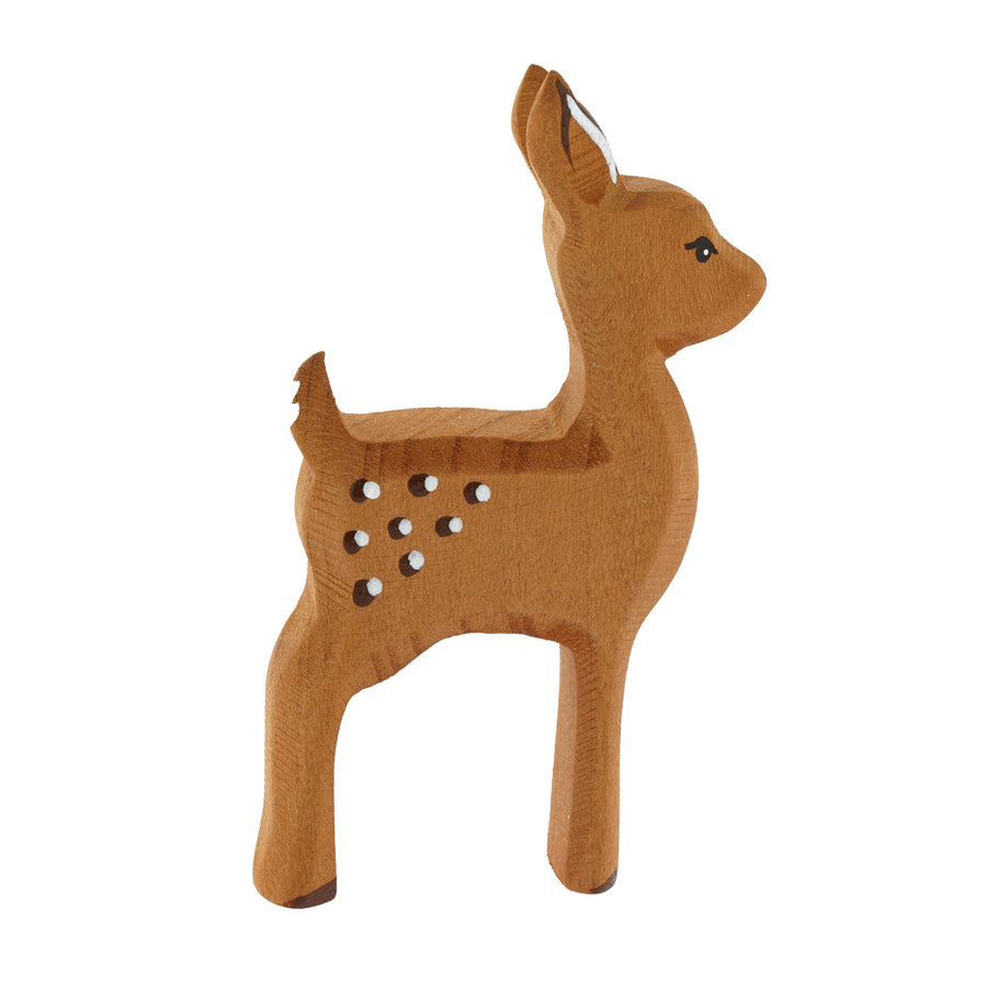 Bumbu childrens hand carved wooden deer fawn toy figure on a white background