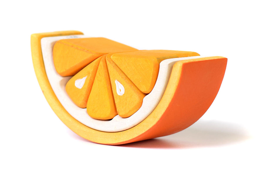 Bumbu handmade wooden tangerine slotting puzzle toy on a white background