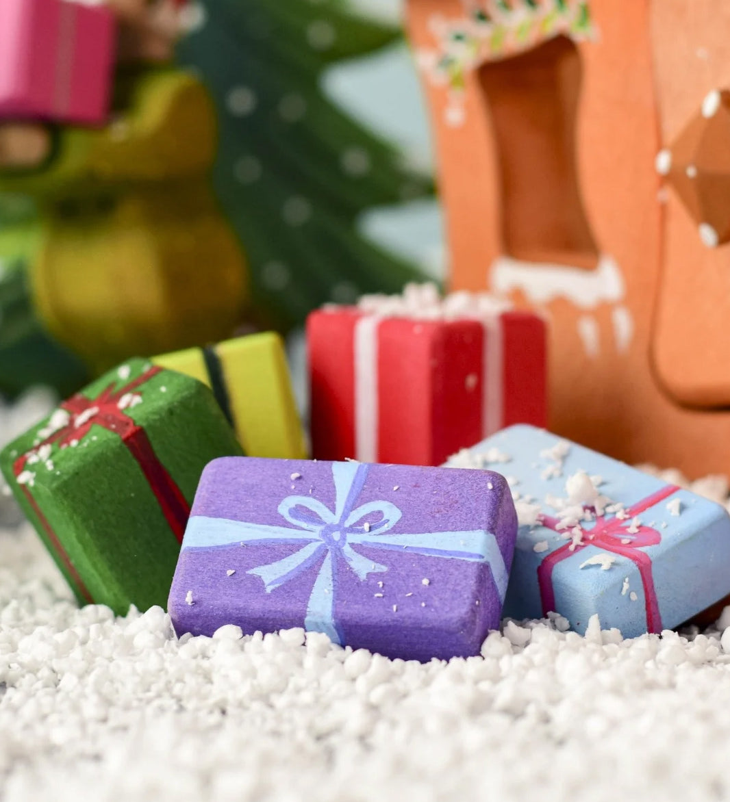 A Christmas scene including the Bumbu wooden presents.