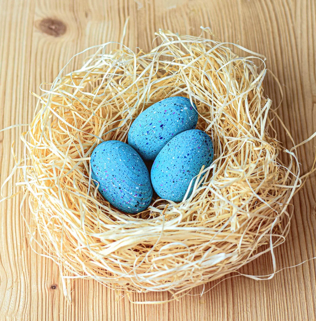 Bumbu Wooden Brontosaurus Eggs Set. Three speckled blue dinosaur eggs sat in a nest. They are displayed on a wooden table