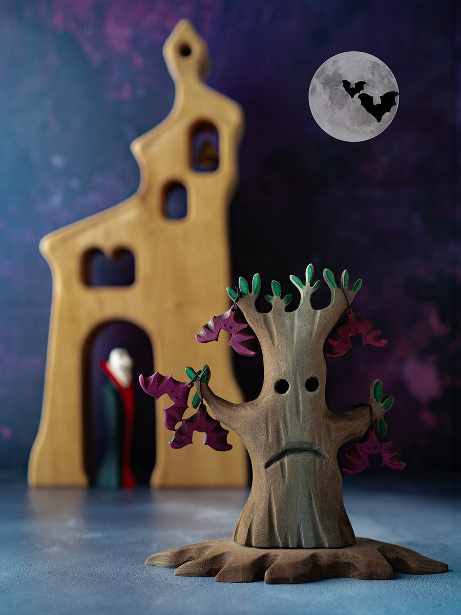 Bumbu Wooden Halloween Handmade Vampire Toy with Bumbu Large Spooky Tree and Bats