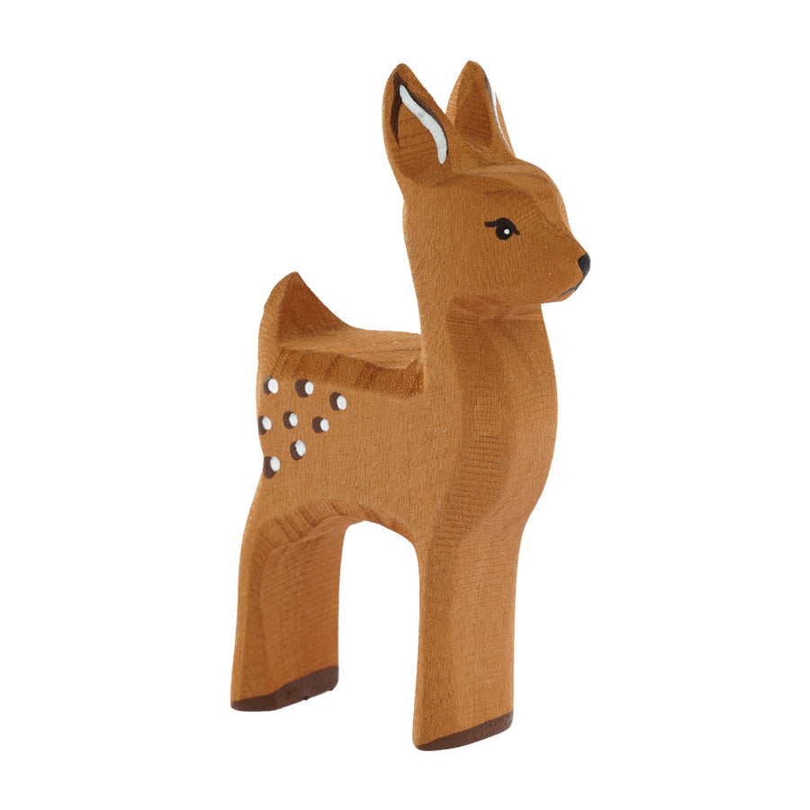 Bumbu childrens hand carved wooden deer fawn toy figure on a white background