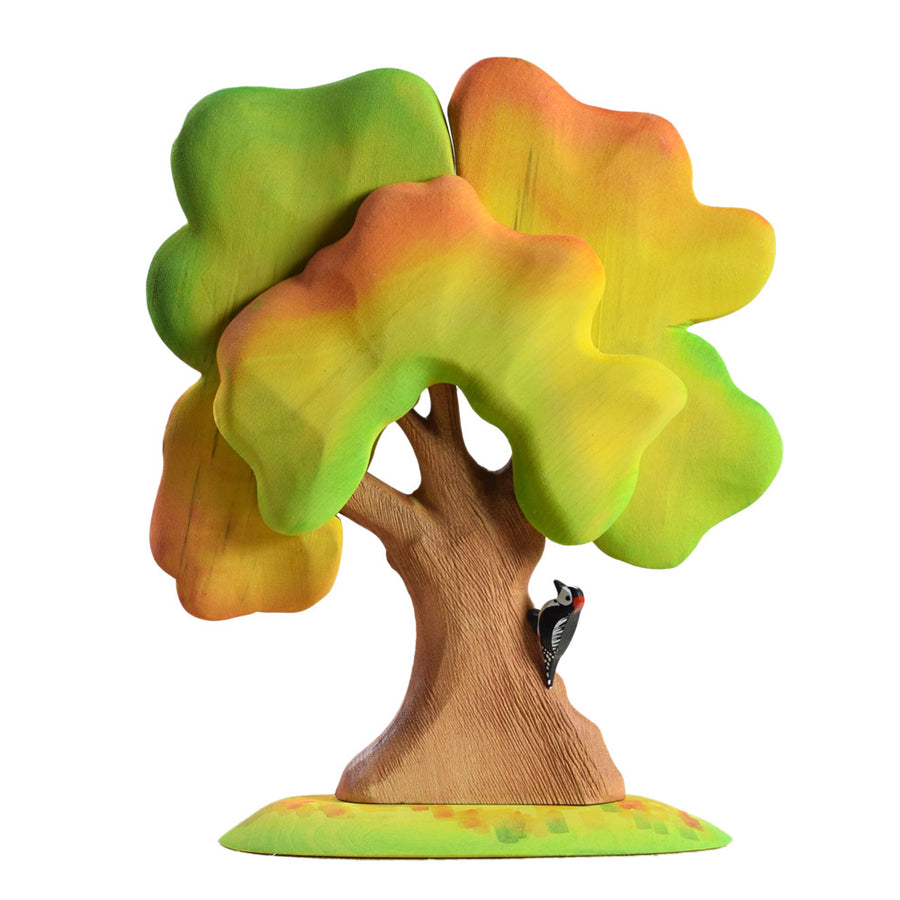 Bumbu large autumn oak tree and woodpecker toy set stood on a white background