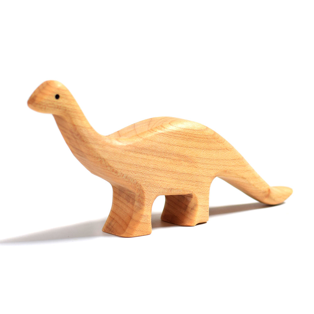 Bumbu hand carved wooden brontosaurus dinosaur toy on a white background