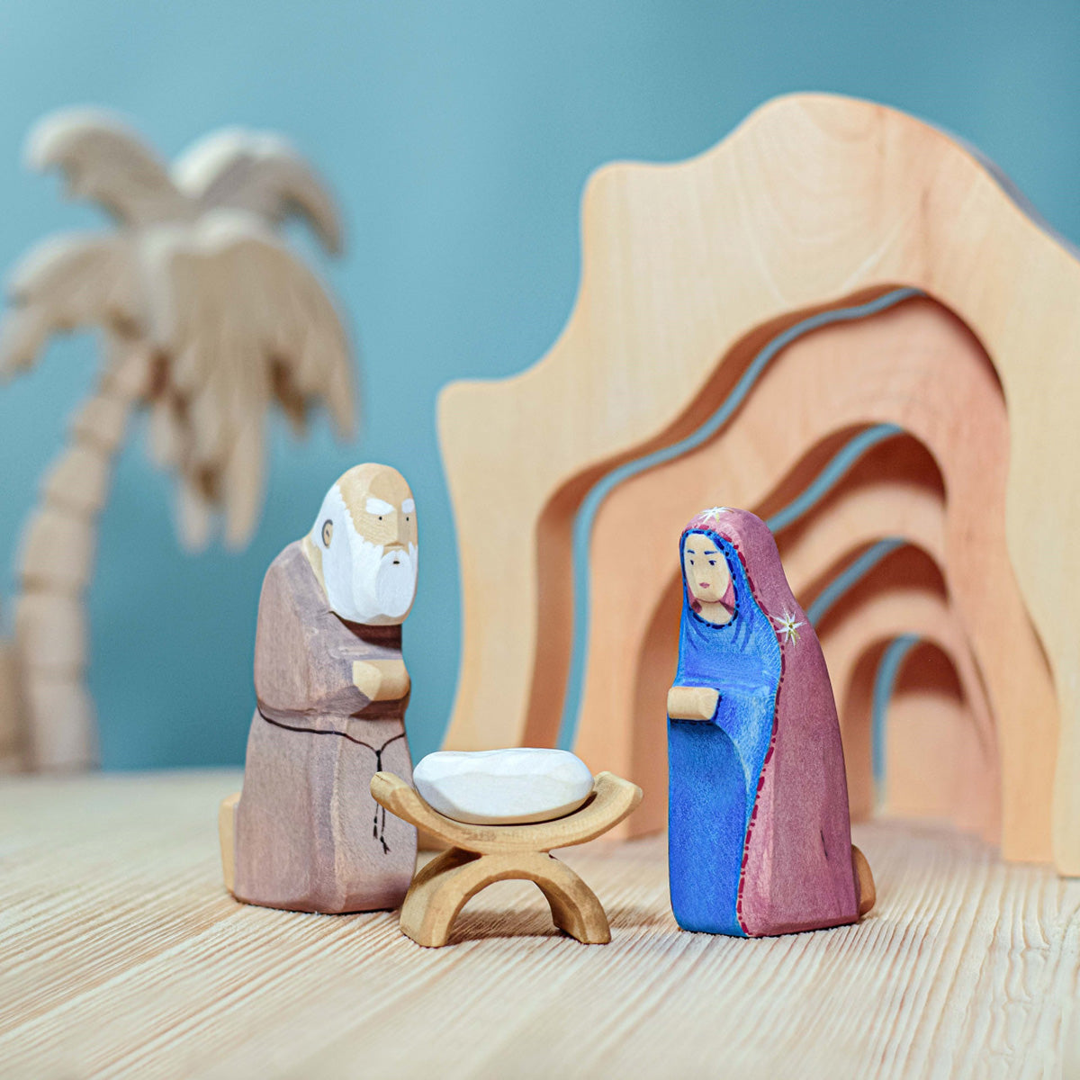 on a wooden table and blue background.