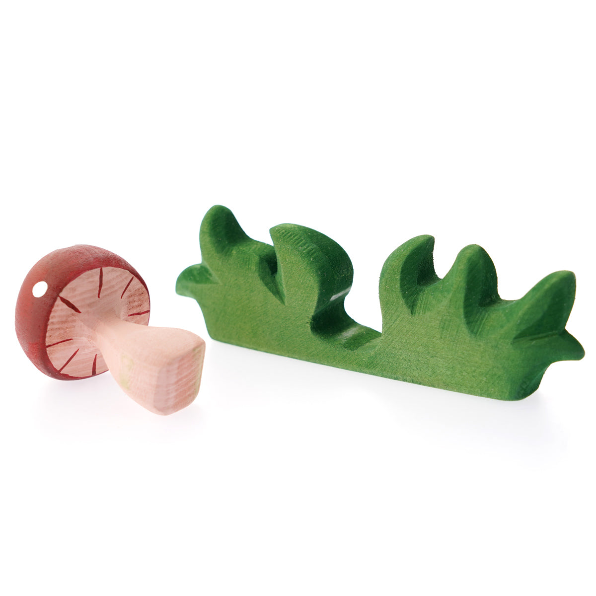 Bumbu childrens handmade wooden mushroom and grass toy figures on a white background