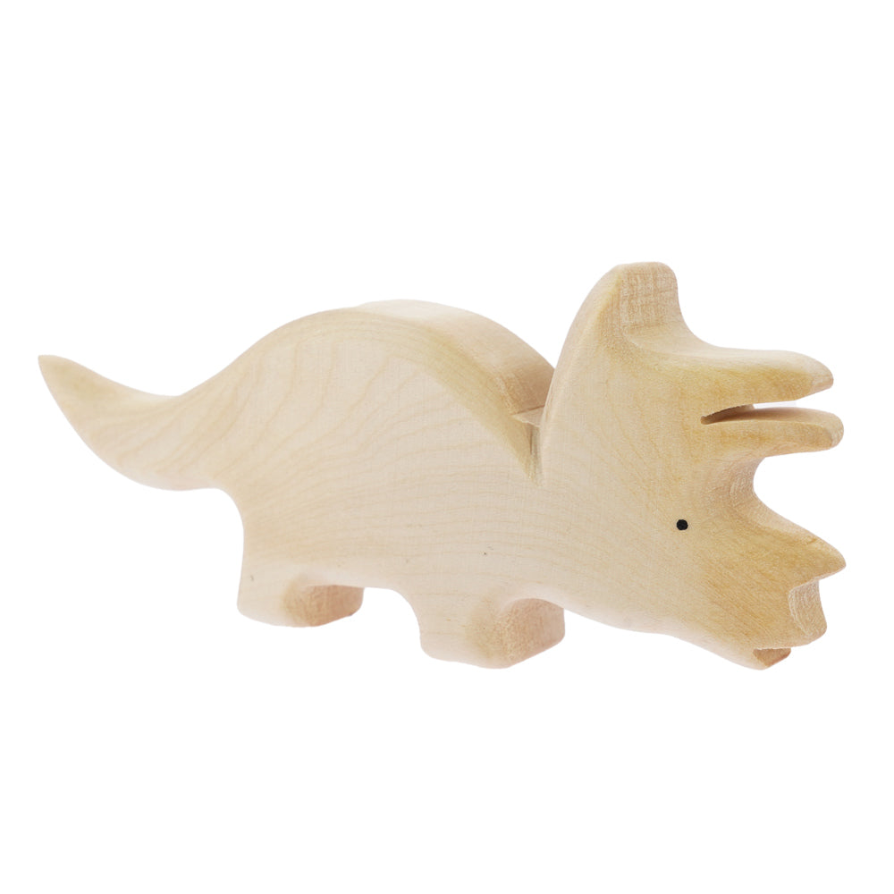 Bumbu hand carved natural wooden triceratops toy dinosaur on a white background