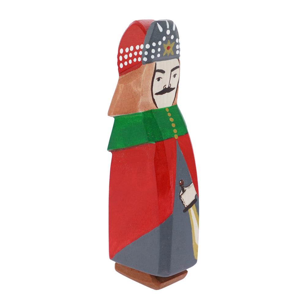 Bumbu hand crafted Vlad the Impaler wooden toy figure on a white background