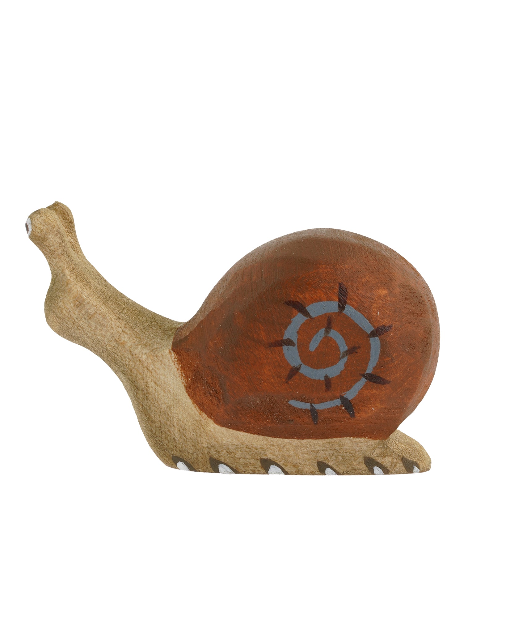 Bumbu wooden snail figure pictured on a plain background 