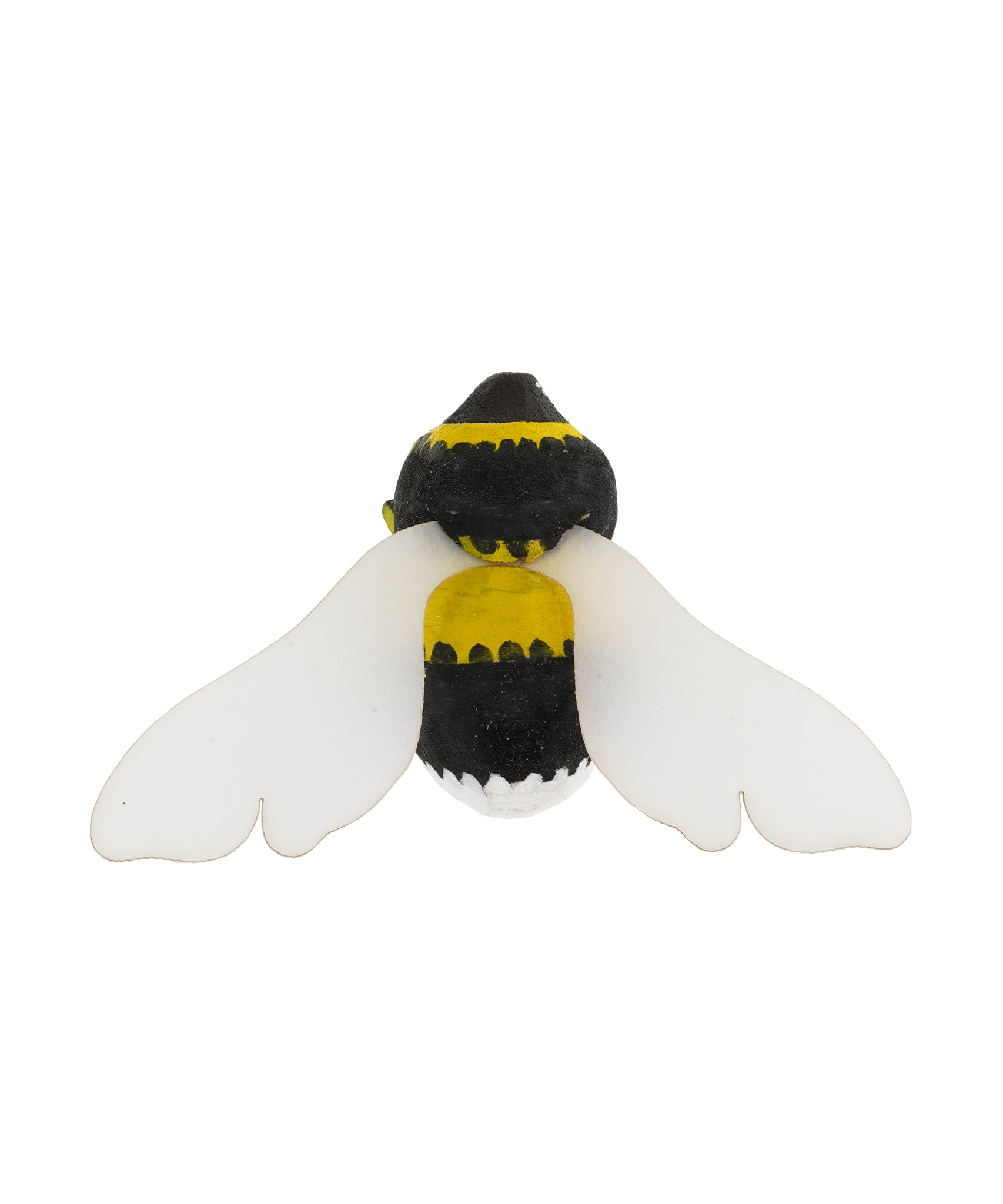 A view of the top of a Bumbu Wooden Bumblebee Figure pictured on a plain background 