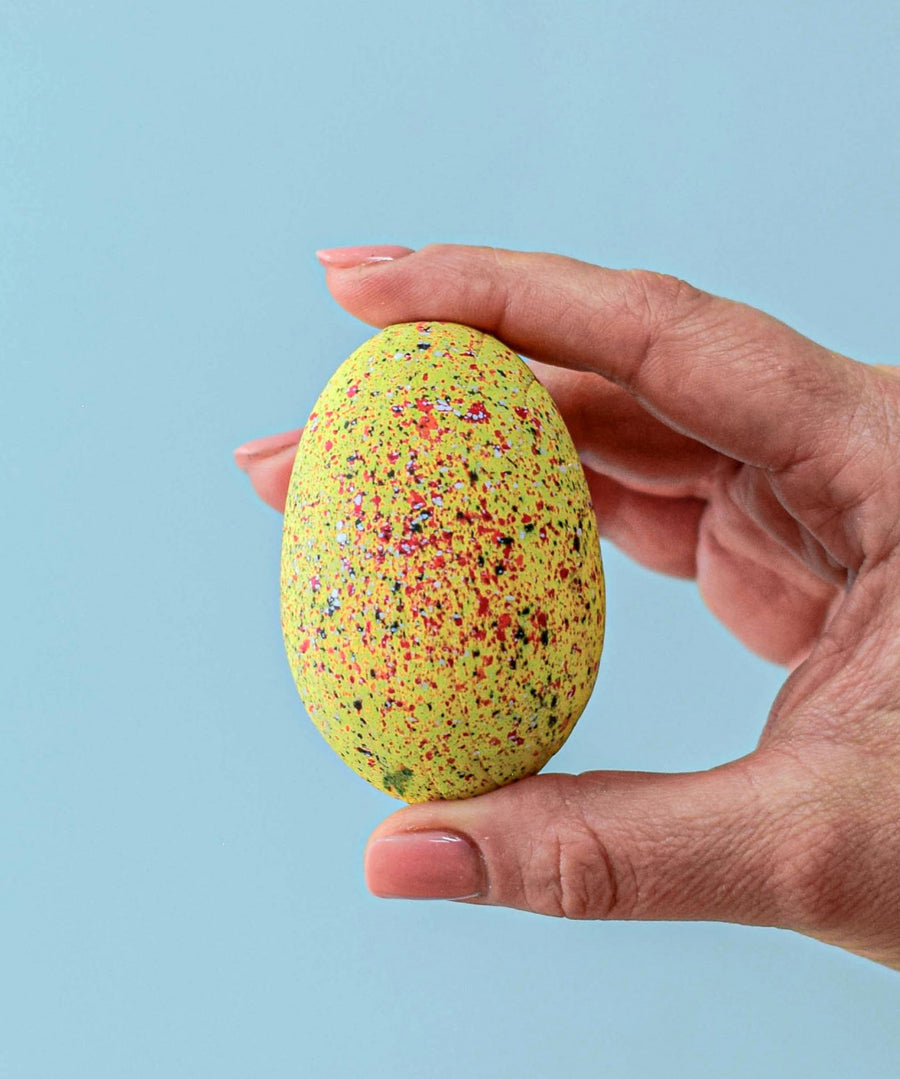 An adult holding one of the eggs from the Bumbu stegosaurus egg set.