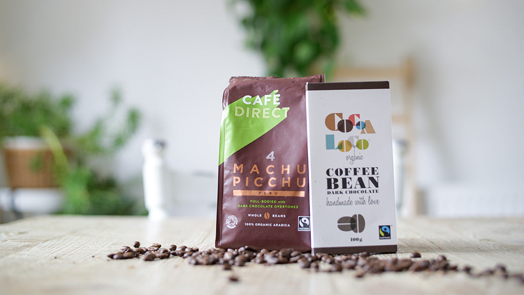 Cafedirect Machu Picchu coffee beans with a Cocoa Loco coffee chocolate bar