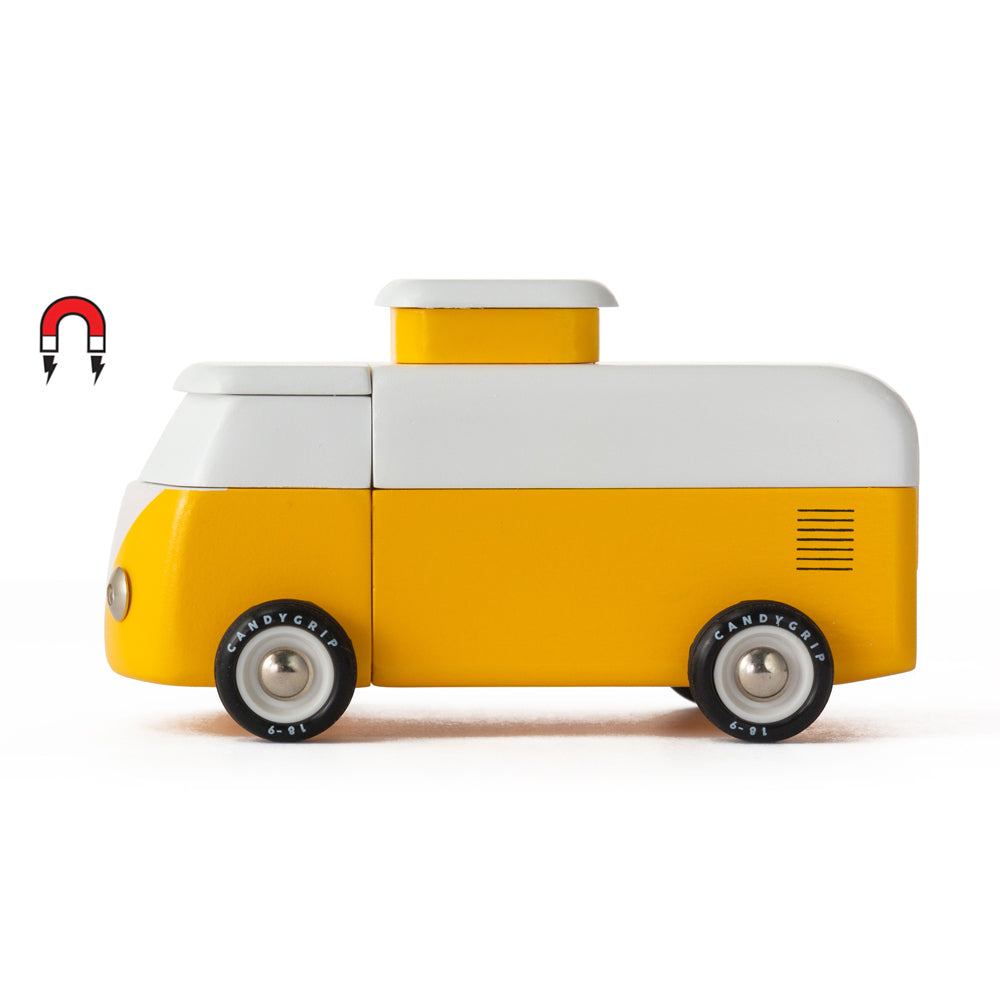 Candylab handmade wooden sunset yellow beach campervan toy on a white background