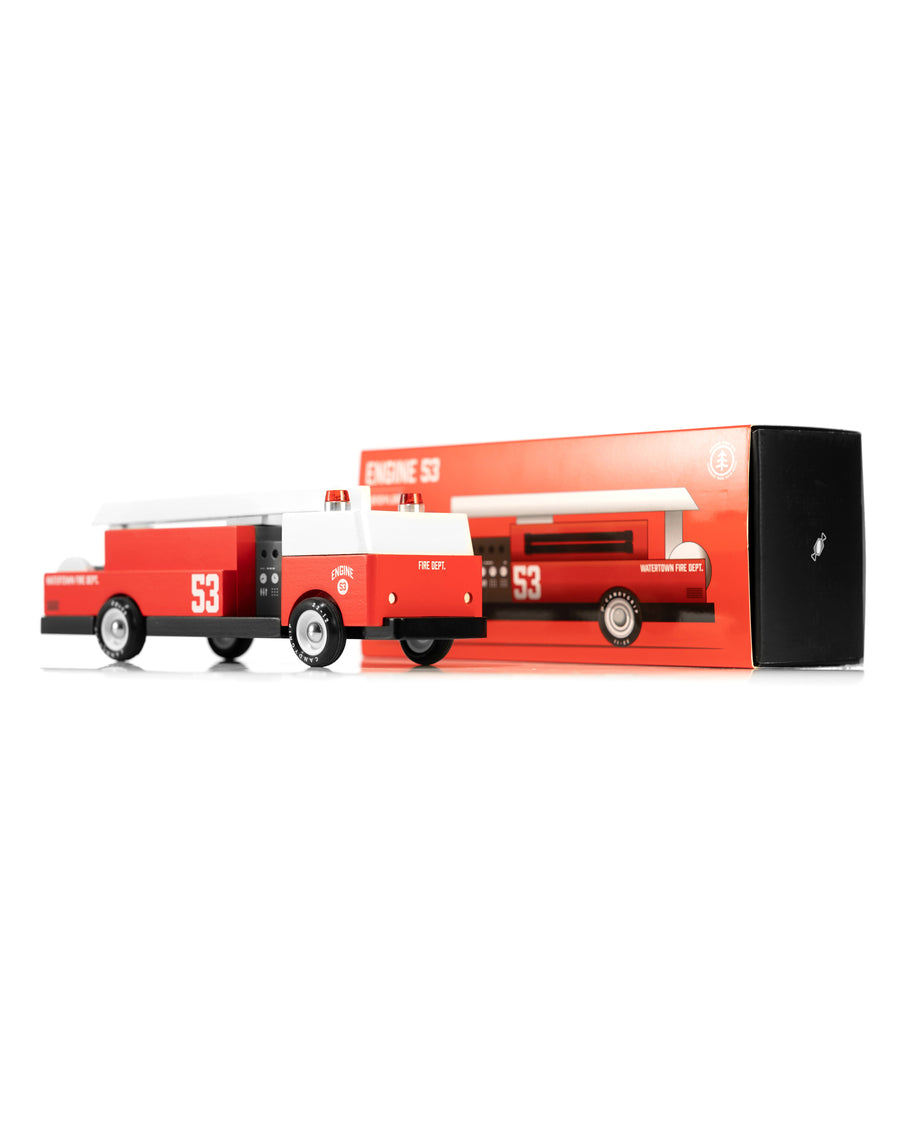 Candylab Big Red Fire Engine pictured with the box on a plain background