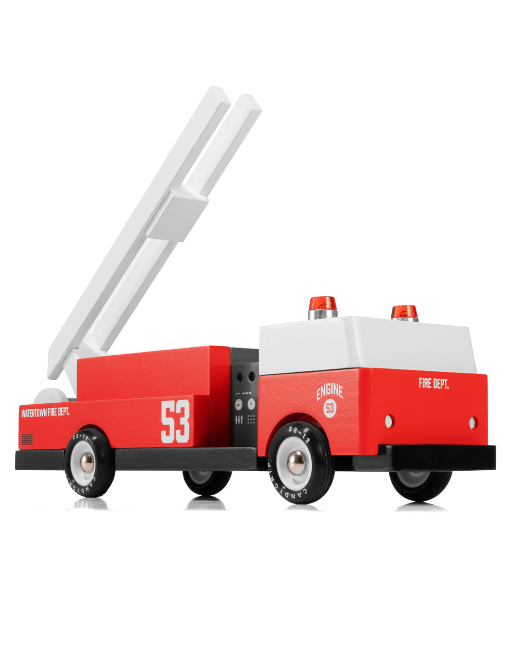 Candylab Big Red Fire Engine pictured with the ladder up on a plain background