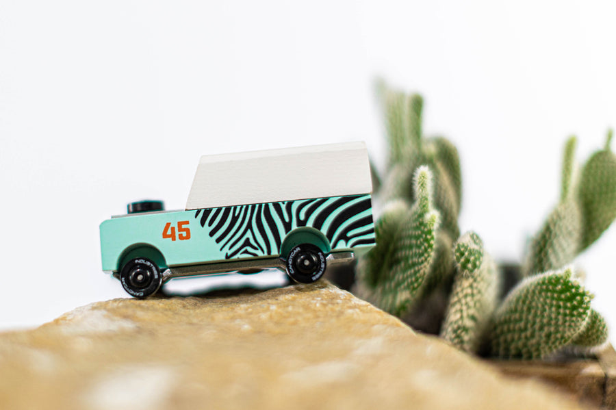 Close up of the Candylab kids wooden jeep toy on a rock next to a mini cactus