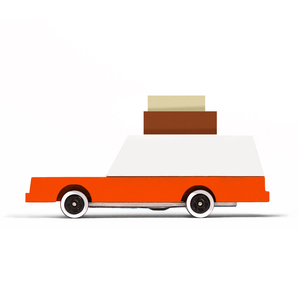 Side of the Candylab childrens wooden luggage wagon car toy on a white background