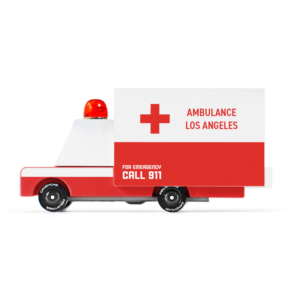 Side of the Candylab childrens wooden ambulance diecast van on a white background