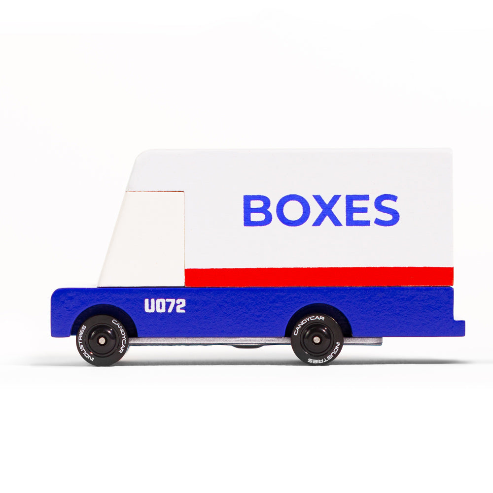 Side of the Candylab childrens wooden diecast mail van toy on a white background