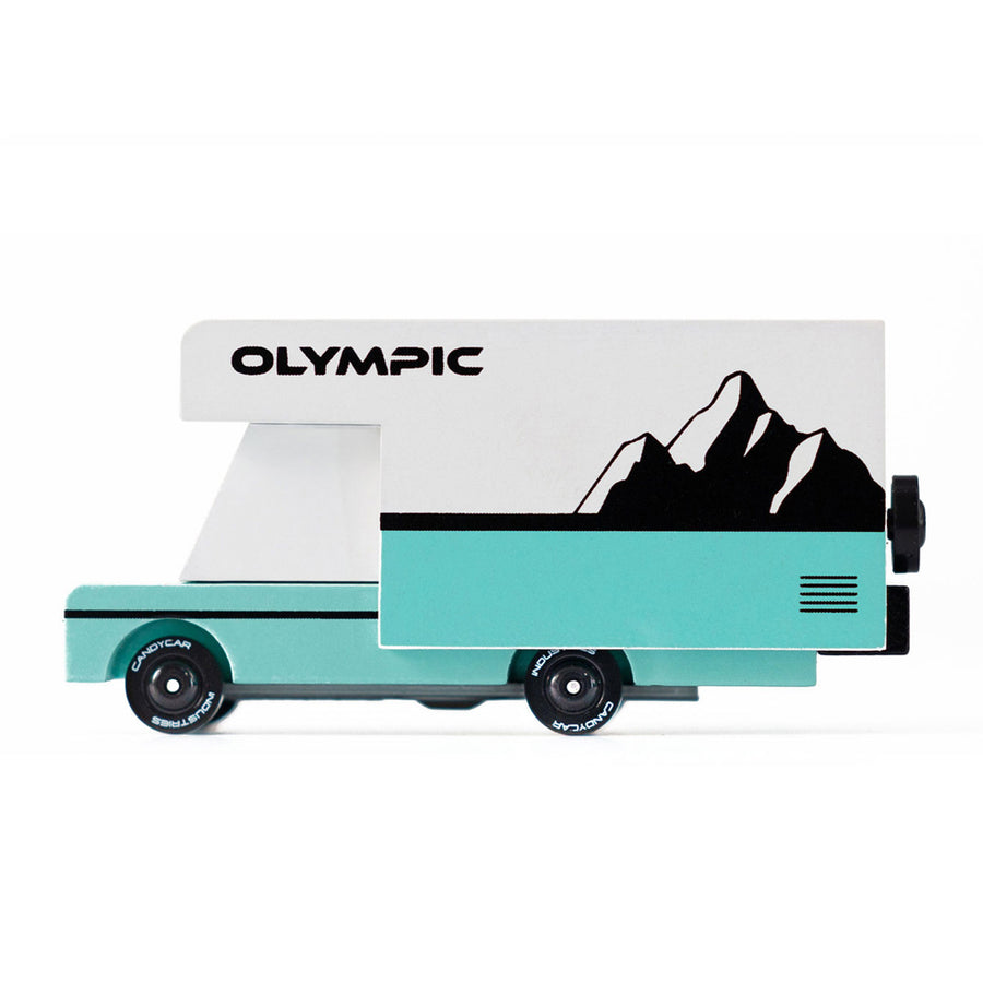 Side of the Candylab childrens wooden olympic rv collectable car toy on a white background