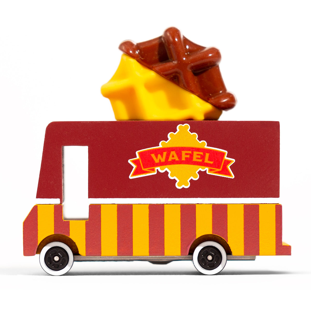 Side of the Candylab kids handmade wooden waffle van toy on a white background