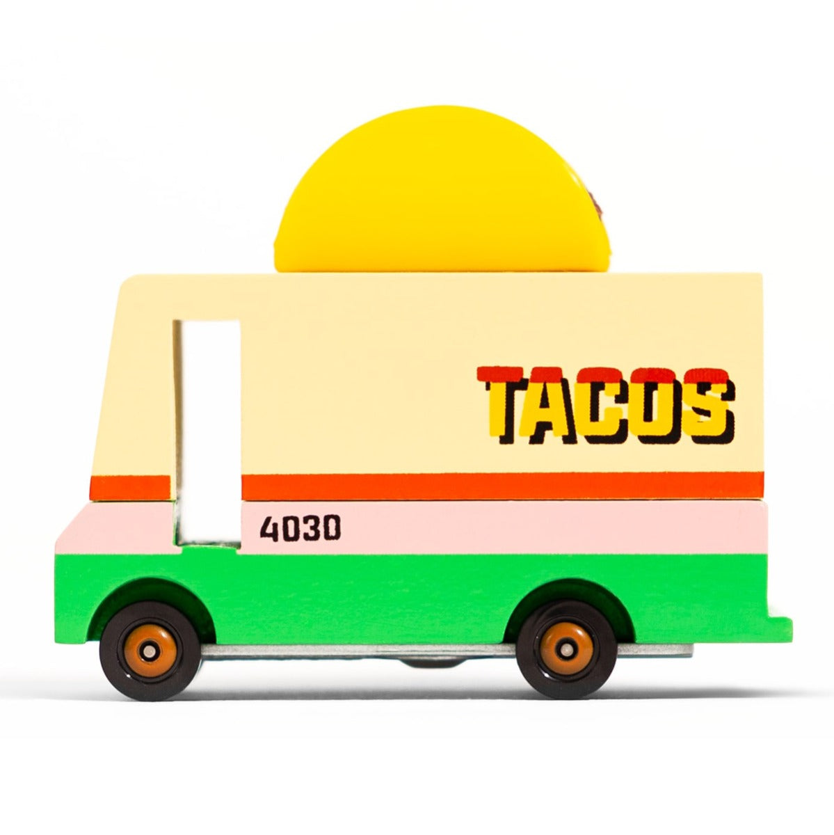 Side of the Candylab wooden taco van toy truck on a white background