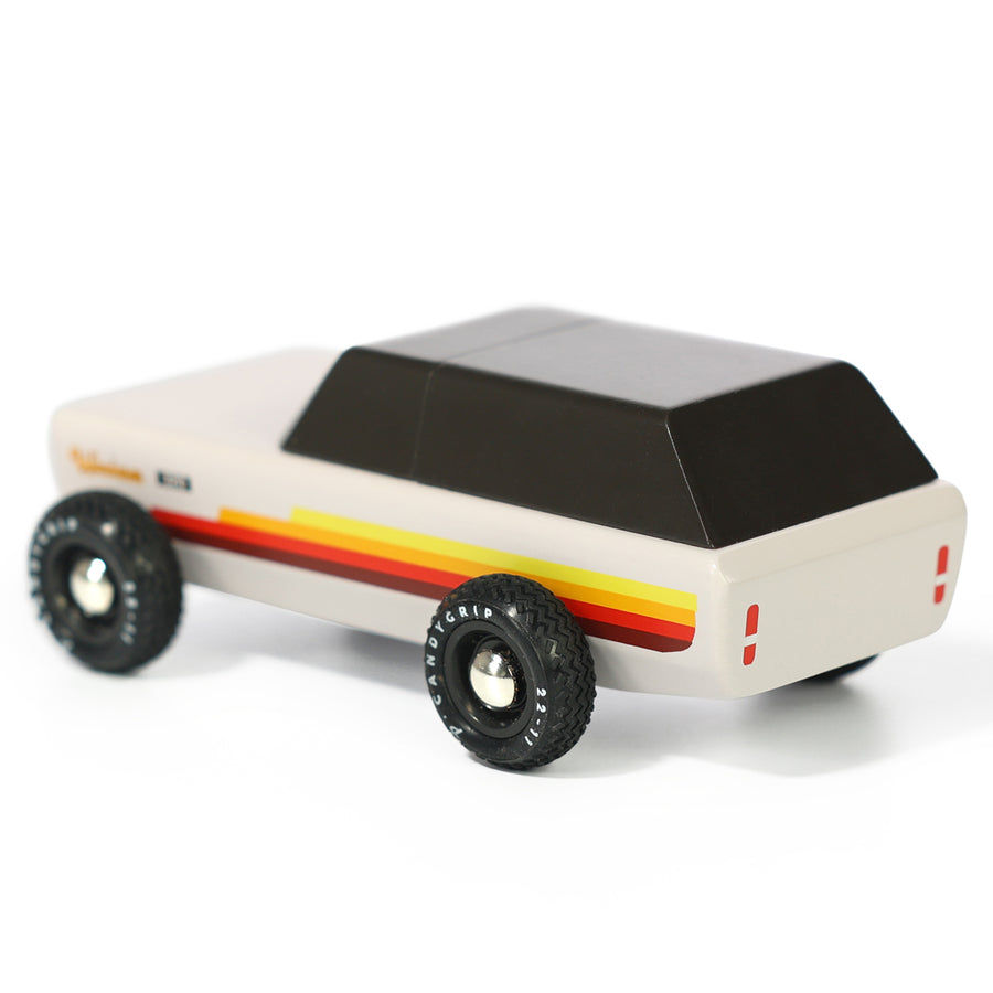 Back of the collectable retro Candylab jeep toy on a white background