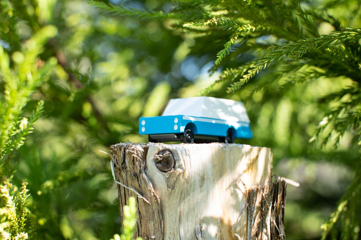 Candylab solid wooden suv toy vehicle on a tree stump in front of some green leaves