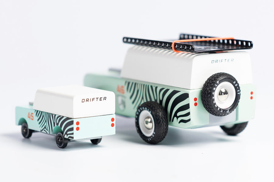 Candylab mini drifter car toy next to a Candylab drifter jeep on a white background