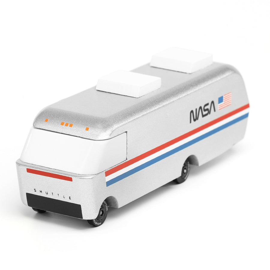 Candylab handmade silver wooden NASA toy van on a white background