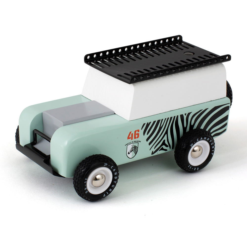 Candylab handmade wooden zebra suv toy car on a white background