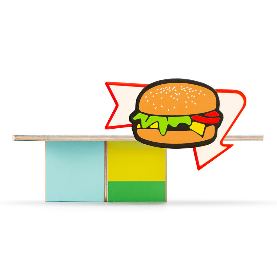 Side of the Candylab childrens wooden burger shack toy set on a white background