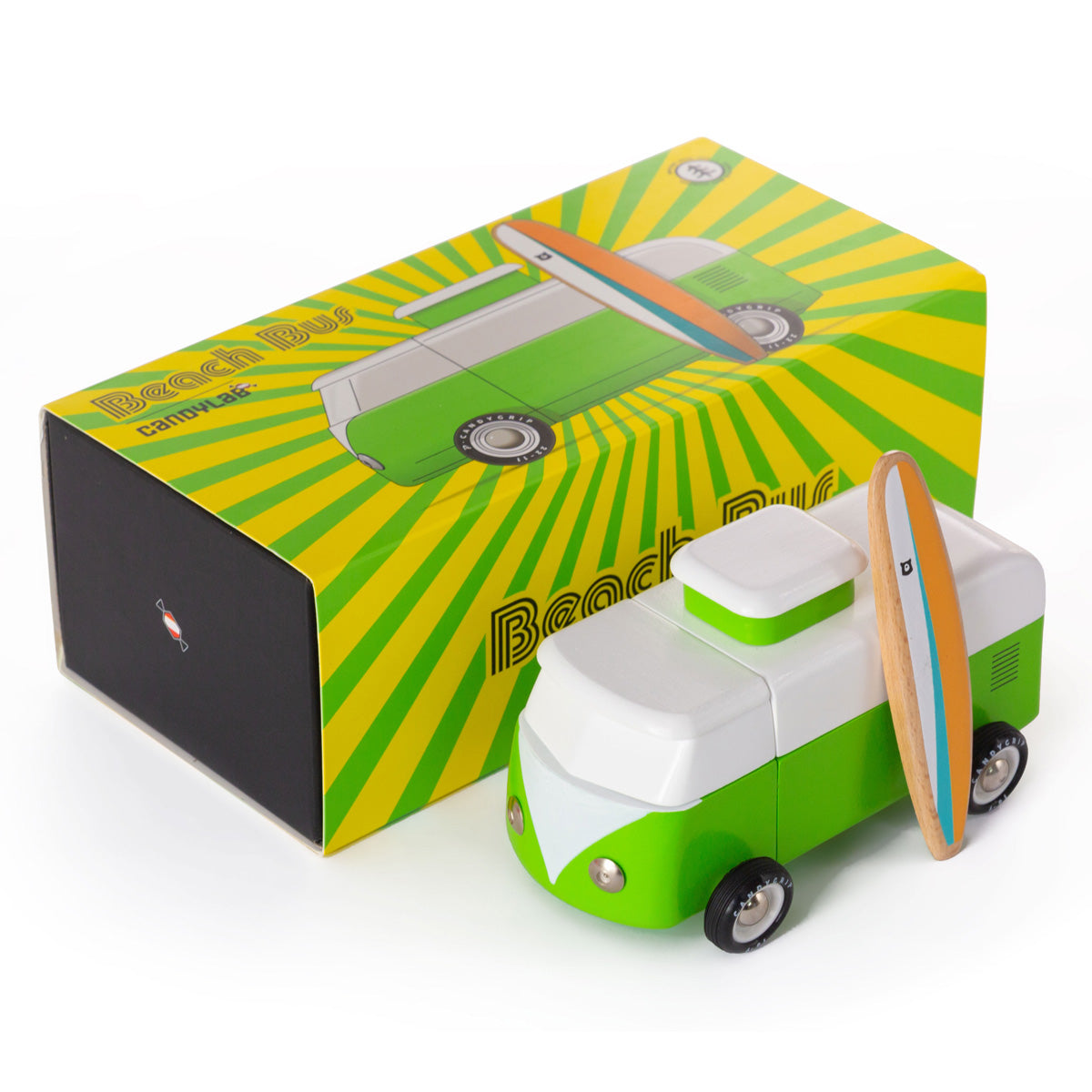 Candylab kids green wooden campervan with a magnetic surfboard